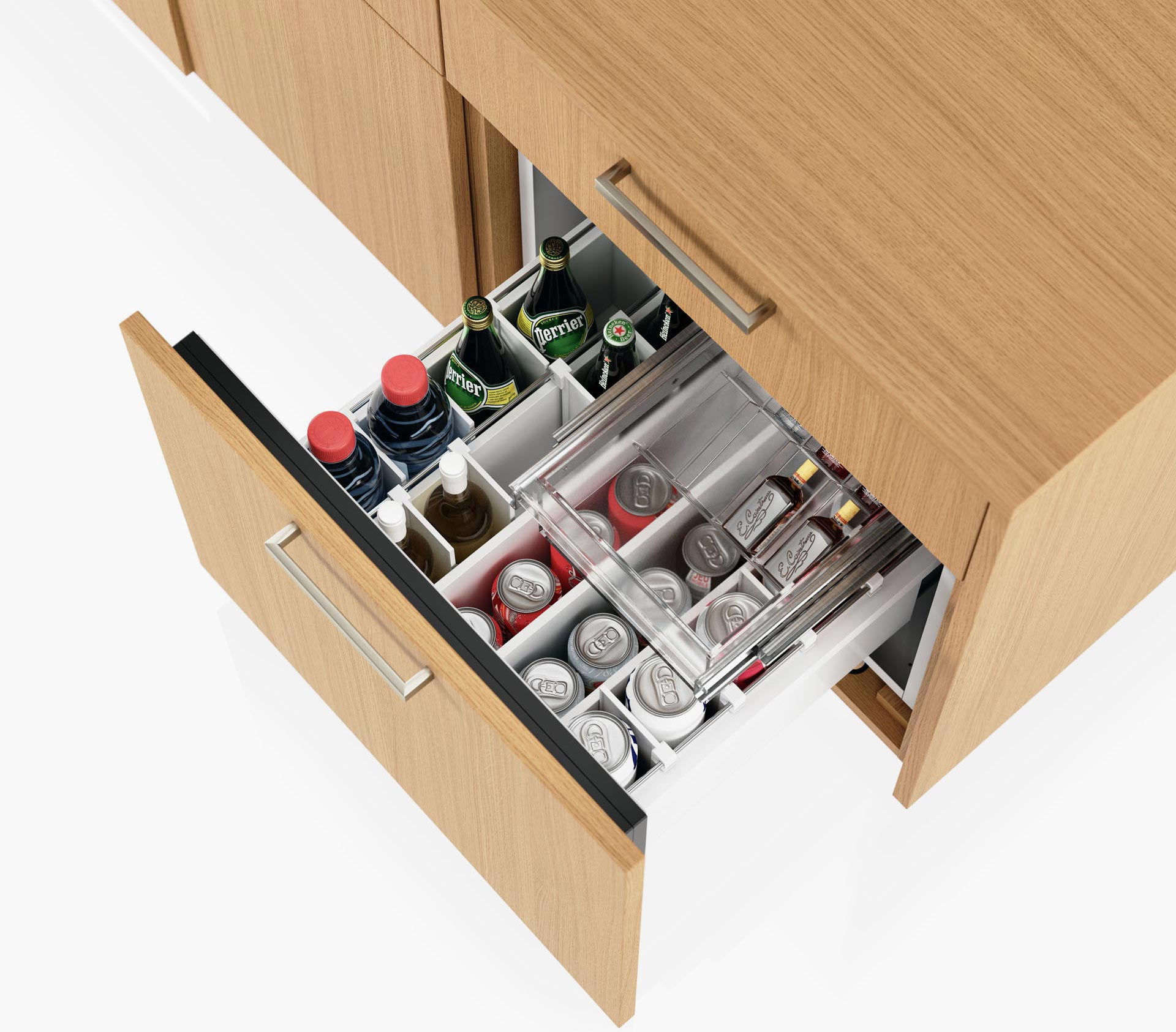 Fridge drawer detail on a JD Credenza in natural rift cut oak with satin nickel drawer pulls